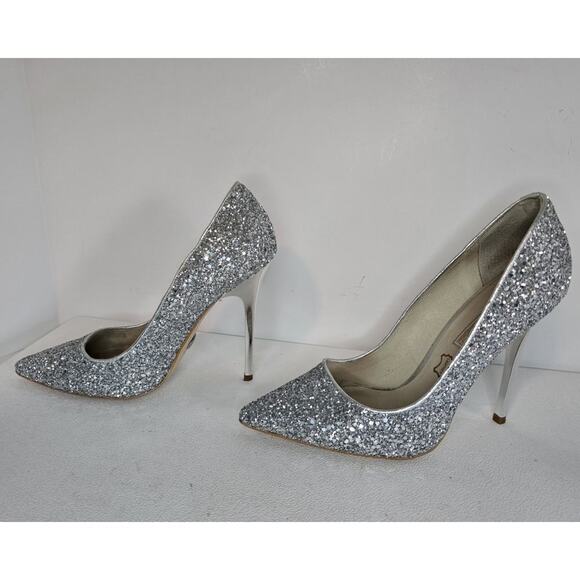 Womens Buffalo London Heels Glitter Silver Leather Lining Shoes SZ EU 38D/US 7.5 - Picture 5 of 9